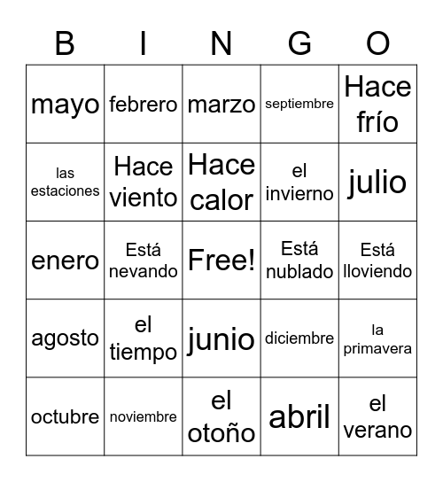 El tiempo/las estaciones Bingo Card