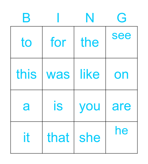 Sight Words Bingo Card