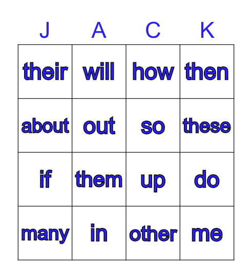 Sight Words Bingo Card