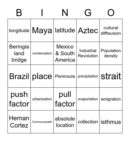 2020 Geography BINGO Card
