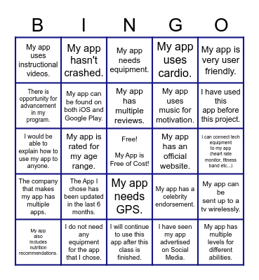 Fitness App BINGO Card
