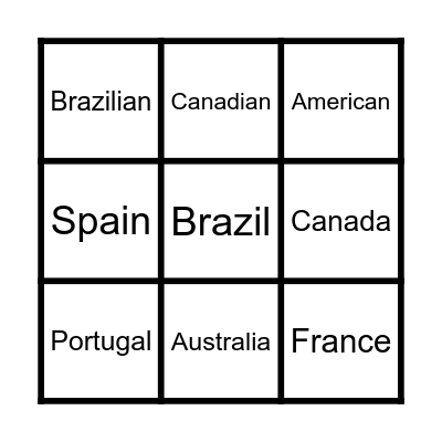 Countries & Nationalities Bingo Card