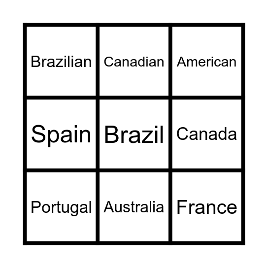 Countries & Nationalities Bingo Card