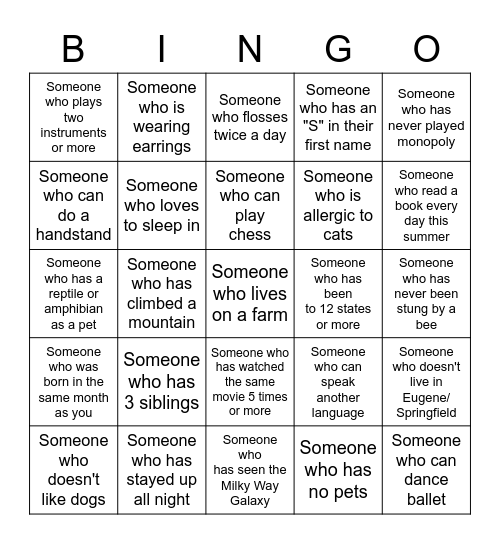 Find A Friend Bingo Card