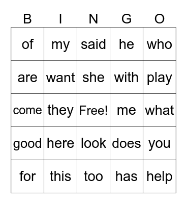 Kinder Sight Words Bingo Card