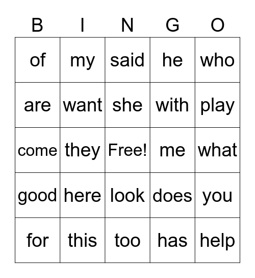 Kinder Sight Words Bingo Card
