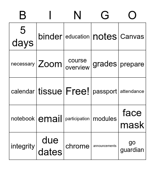 Orientation Bingo Card