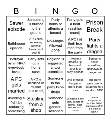 D&D/Pathfinder Campaign Classics Bingo Card