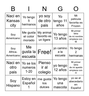Bingo en Español Bingo Card