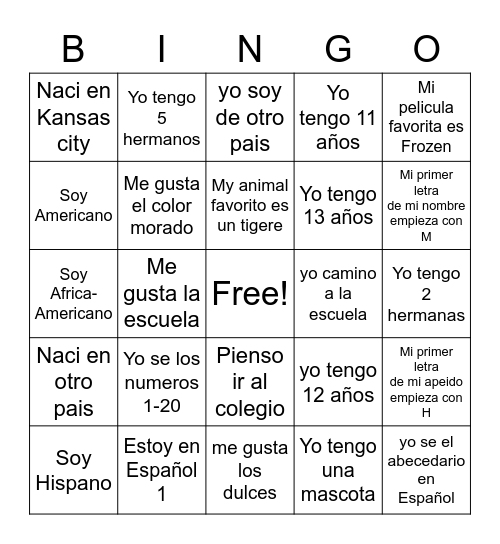 Bingo en Español Bingo Card