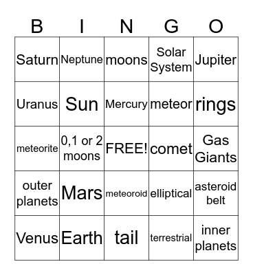 The Planets Bingo Card