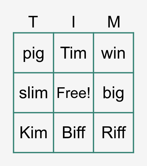 Tim the Pig Bingo Card