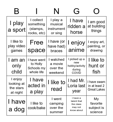 All about Mrs. Hubbard's class Bingo Card