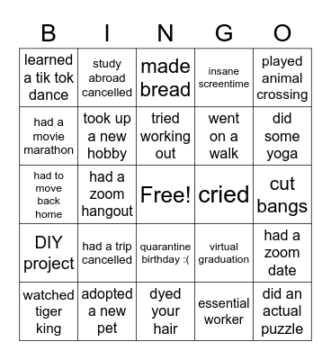 Quarantine Bingo Card