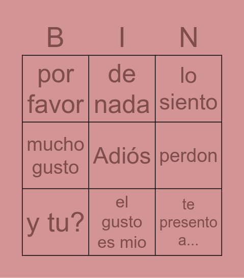 El vocabulario Bingo Card