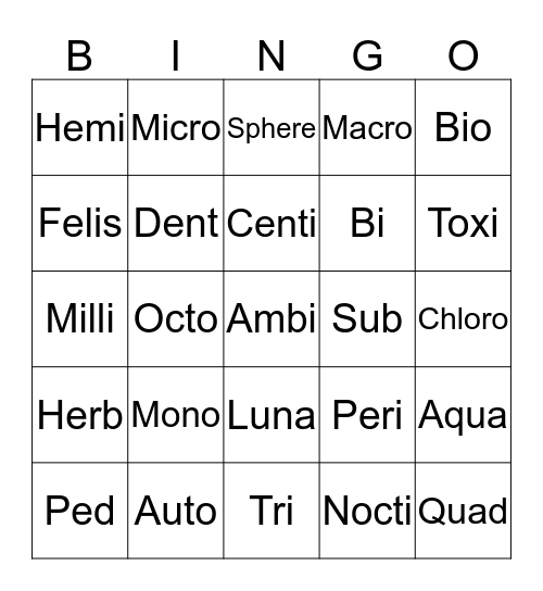 Prefix Suffix Bingo Card