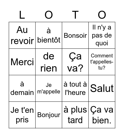 Leçon 1A Bingo Card