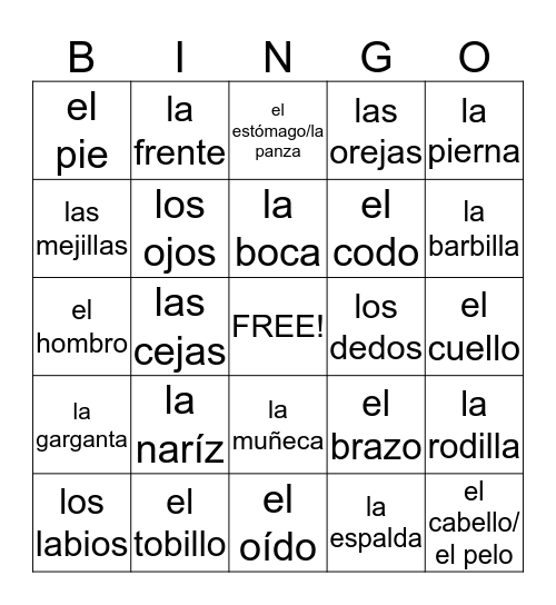 Partes del Cuerpo Bingo Card