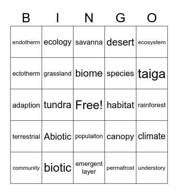 Unit 2 Bingo Card