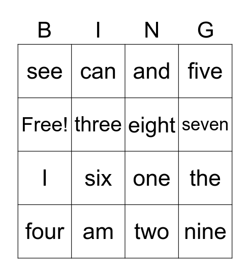 Sight Word Bingo Card