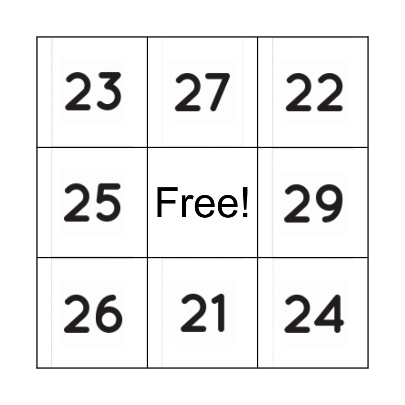 numbers-21-30-bingo-card