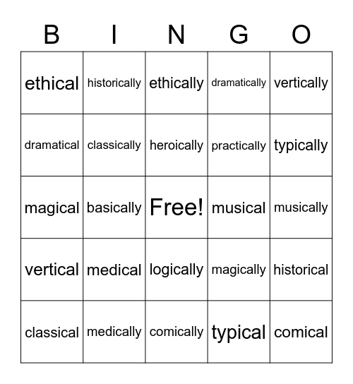 -ical, -ically Bingo Card