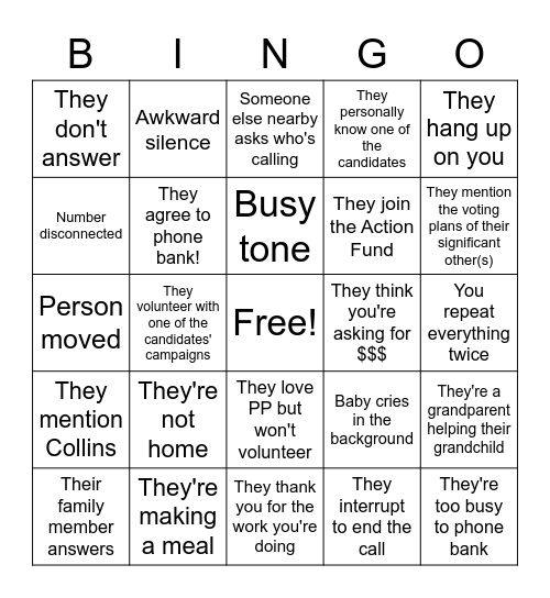 Phone Bank Bingo Card