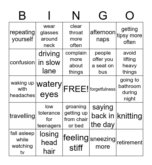OVER THE HILL Bingo Card