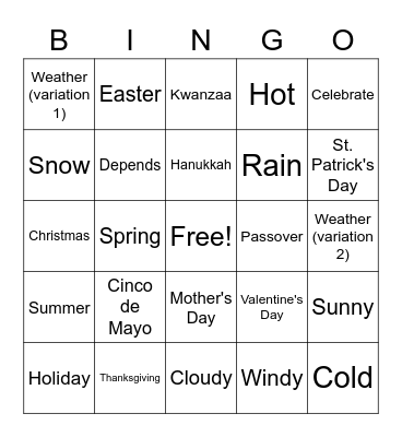 Weather, Season, and Holiday Bingo Card