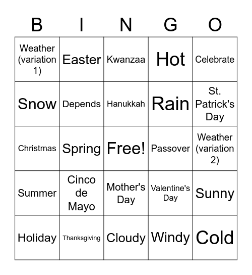 Weather, Season, and Holiday Bingo Card