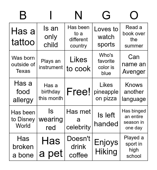 Find A Person Who... Bingo Card