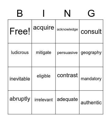 Vocabulary Bingo Card