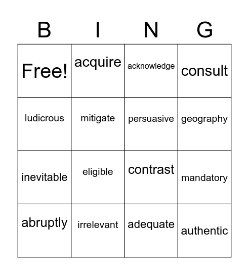 Vocabulary Bingo Card