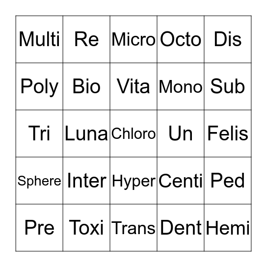 Prefix Suffix II Bingo Card