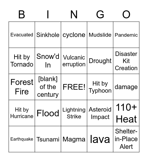 Natural disaster bingo Card