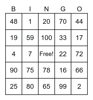 Number Bingo 1-100 Bingo Card