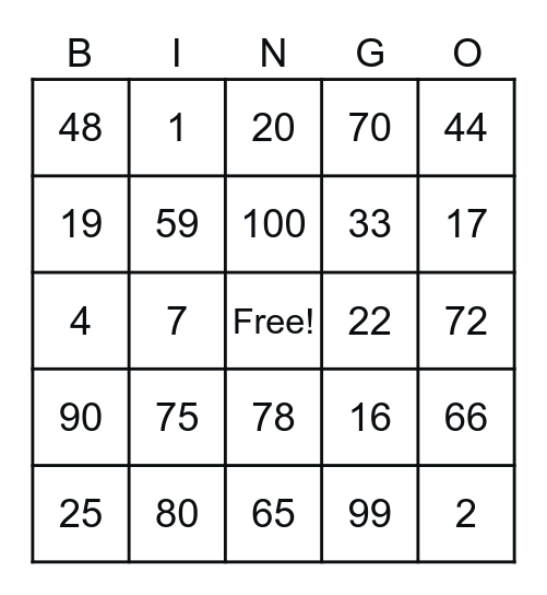 Number Bingo 1-100 Bingo Card