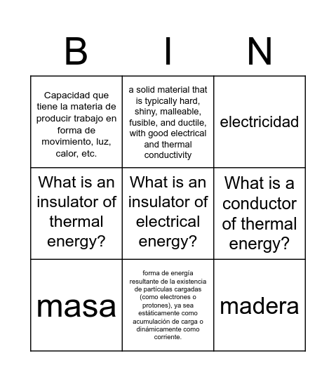 Unit 03: Energy LC3 Bingo Card