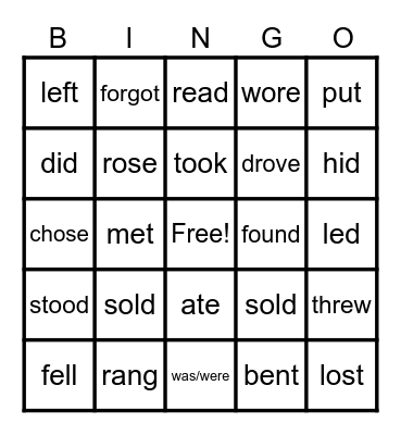 Irregular Verbs Bingo Card