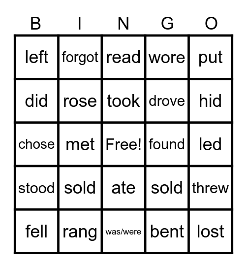 Irregular Verbs Bingo Card