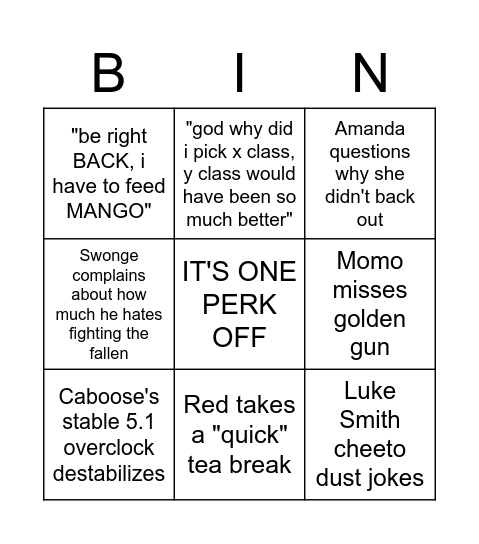 COG Squad Day 1 Bingo Card