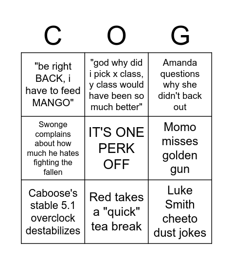 COG Squad Day 1 Bingo Card