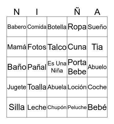 Zoila's Baby Shower Bingo Card