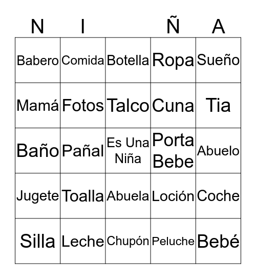 Zoila's Baby Shower Bingo Card