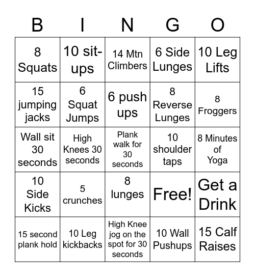 Coach Drew's Fitness Bingo Card