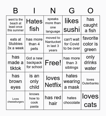 Back to School Bingo Card