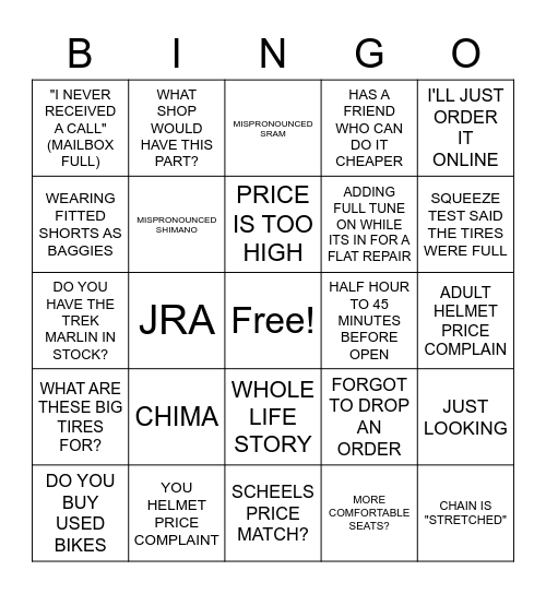 BIKE SHOP LIFE Bingo Card