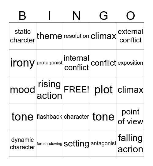 elements of a srory Bingo Card