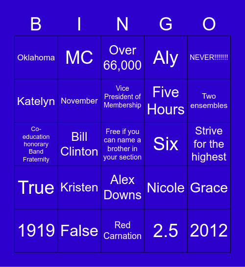 Kappa Kappa Psi Informational Bingo Card