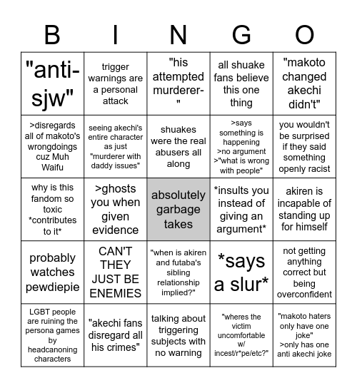 anti shuake Bingo Card